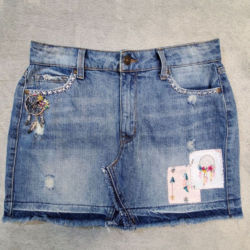 Upcycled Denim Skirt‎ 8 Distressed Patchwork Dreamcatcher Boho Festival Rewash